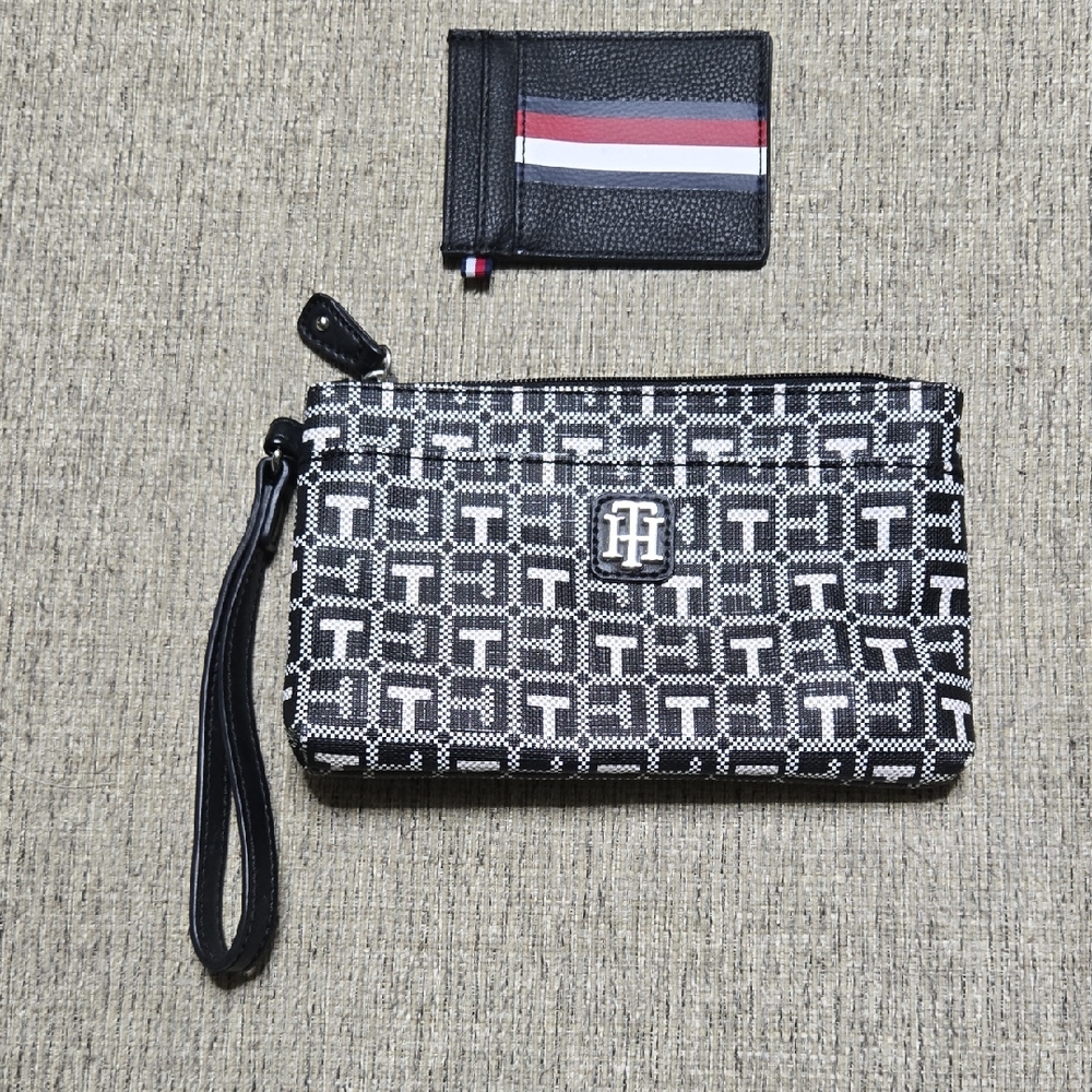 Tommy Hilfiger Black and White Patterned Wristlet and Card Holder